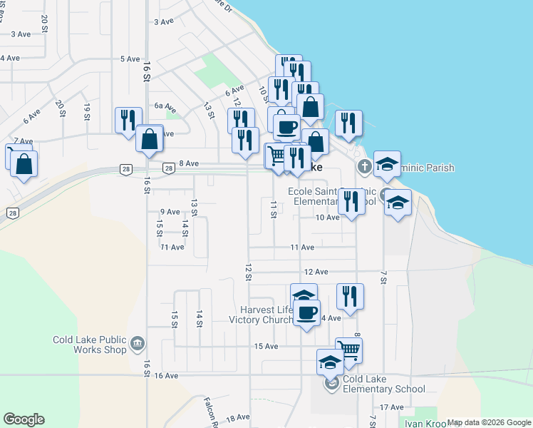 map of restaurants, bars, coffee shops, grocery stores, and more near 1007 11 Street in Cold Lake