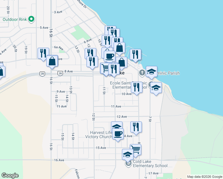 map of restaurants, bars, coffee shops, grocery stores, and more near 911 10 Street in Cold Lake