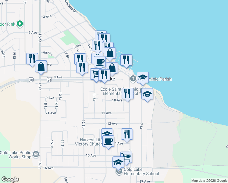 map of restaurants, bars, coffee shops, grocery stores, and more near in Cold Lake