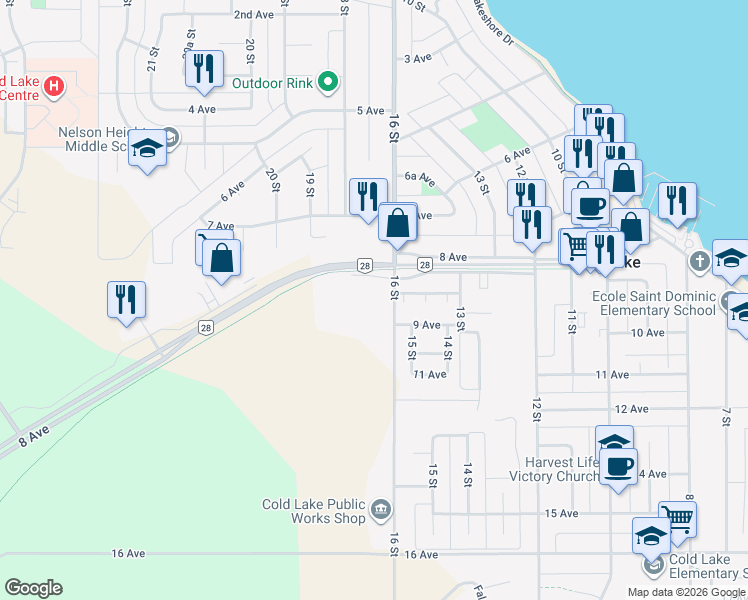 map of restaurants, bars, coffee shops, grocery stores, and more near 2 Marina Estates Drive in Cold Lake