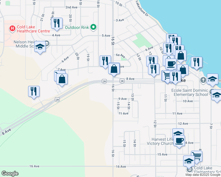 map of restaurants, bars, coffee shops, grocery stores, and more near 1601 8 Avenue in Cold Lake