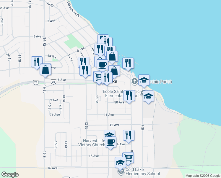 map of restaurants, bars, coffee shops, grocery stores, and more near in Cold Lake