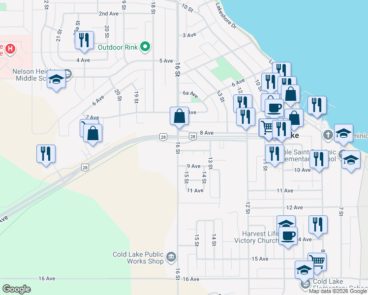 map of restaurants, bars, coffee shops, grocery stores, and more near 2 Marina Estates Drive in Cold Lake
