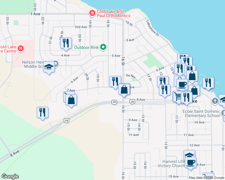 map of restaurants, bars, coffee shops, grocery stores, and more near 1705 7 Avenue in Cold Lake