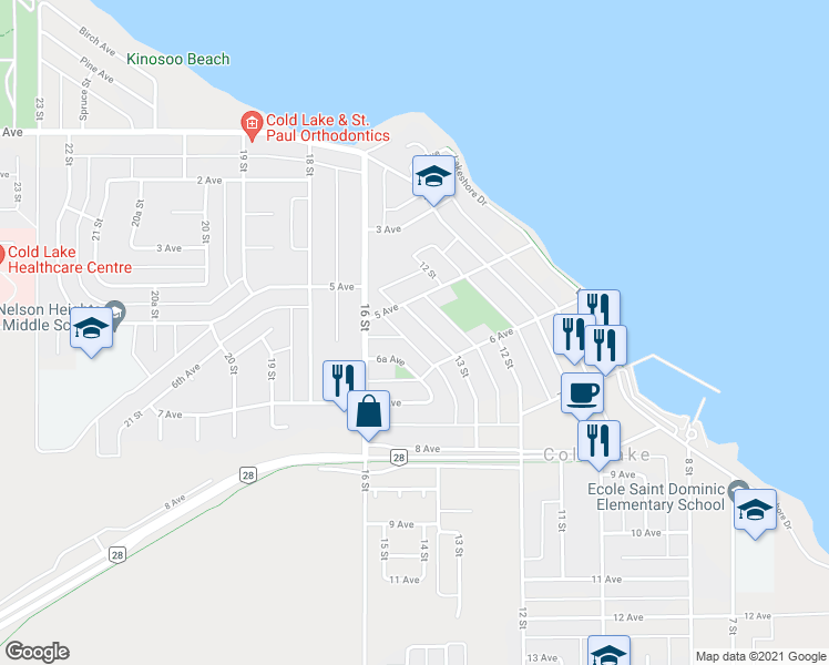 map of restaurants, bars, coffee shops, grocery stores, and more near 1316 6A Avenue in Cold Lake