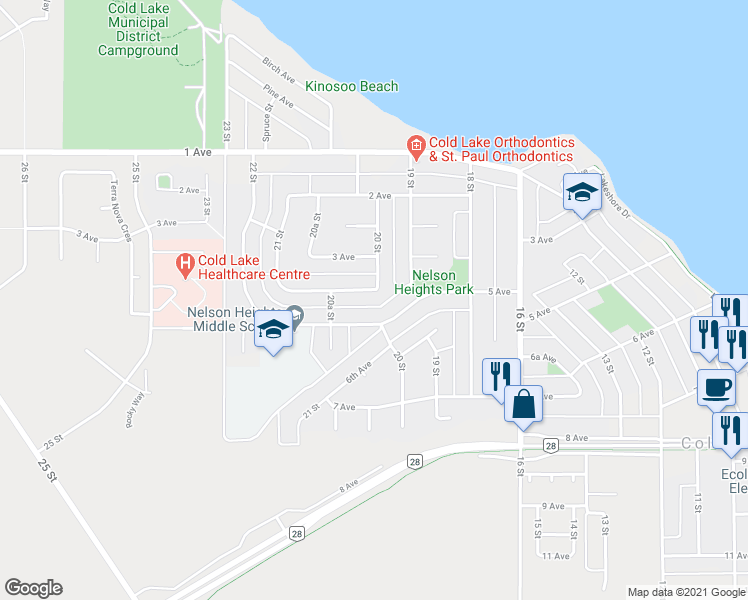 map of restaurants, bars, coffee shops, grocery stores, and more near 2005 4 Avenue in Cold Lake
