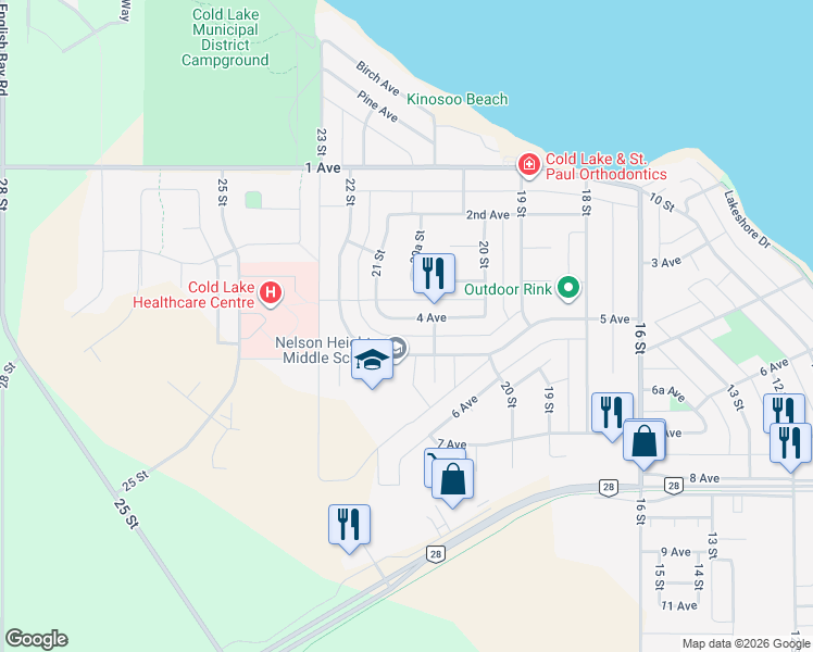 map of restaurants, bars, coffee shops, grocery stores, and more near 2025 4 Avenue in Cold Lake