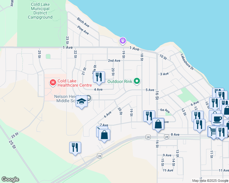 map of restaurants, bars, coffee shops, grocery stores, and more near 2005 4 Avenue in Cold Lake