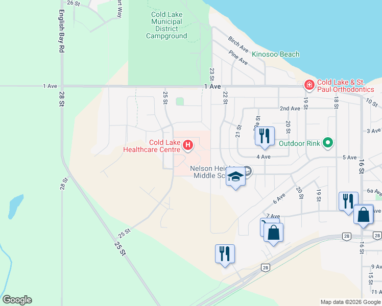 map of restaurants, bars, coffee shops, grocery stores, and more near 314 25 Street in Cold Lake