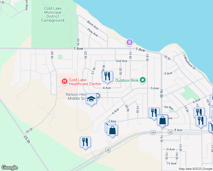 map of restaurants, bars, coffee shops, grocery stores, and more near 2020 4 Avenue in Cold Lake