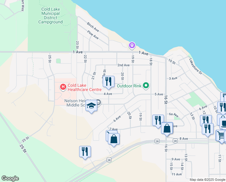 map of restaurants, bars, coffee shops, grocery stores, and more near 2020 4 Avenue in Cold Lake