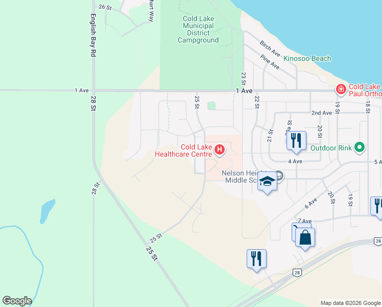 map of restaurants, bars, coffee shops, grocery stores, and more near 2505 3 Avenue in Cold Lake