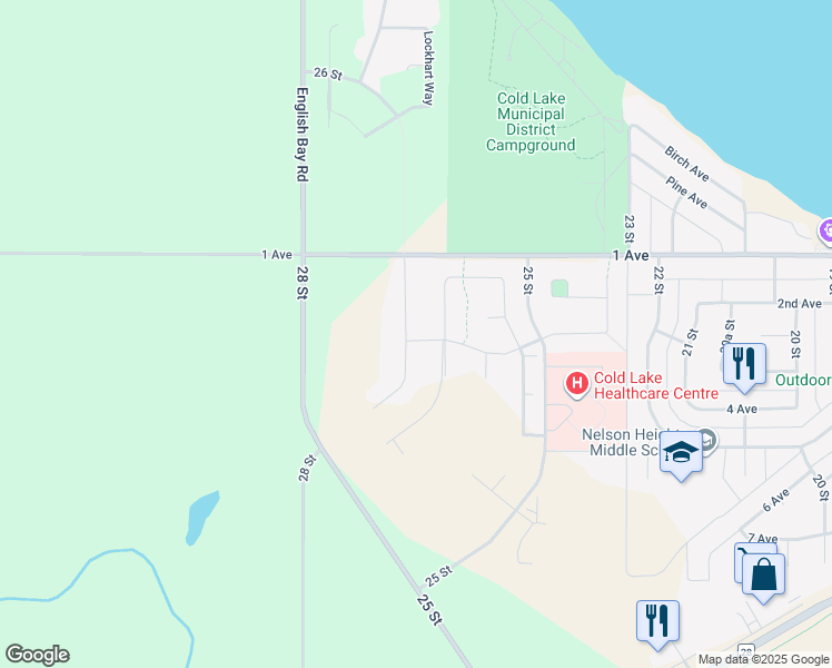 map of restaurants, bars, coffee shops, grocery stores, and more near 219 26 Street in Cold Lake