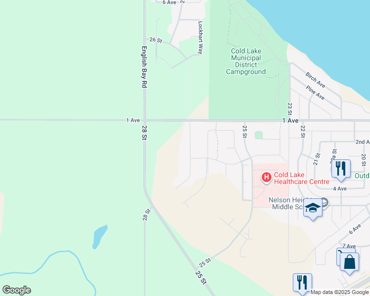 map of restaurants, bars, coffee shops, grocery stores, and more near 219 26 Street in Cold Lake