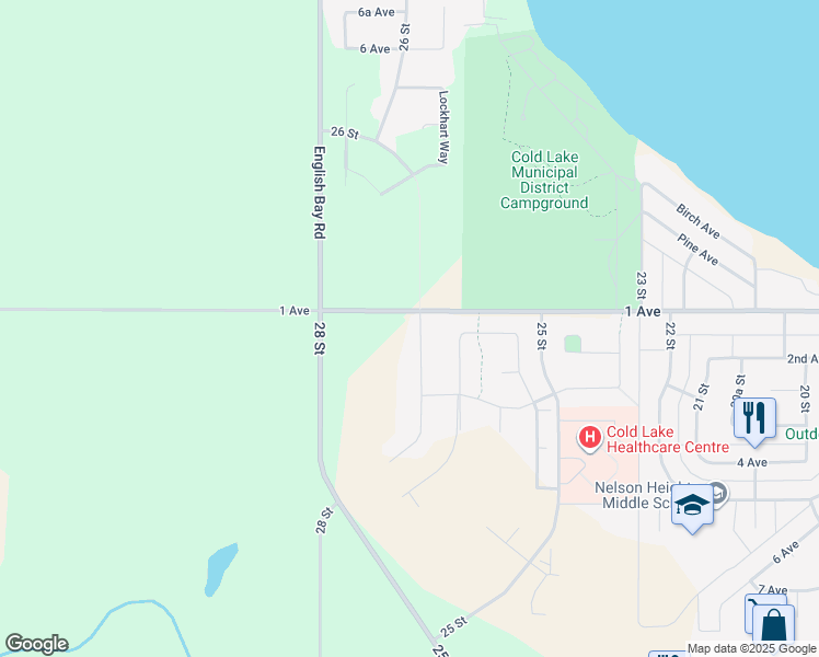 map of restaurants, bars, coffee shops, grocery stores, and more near 106 26 Street in Cold Lake