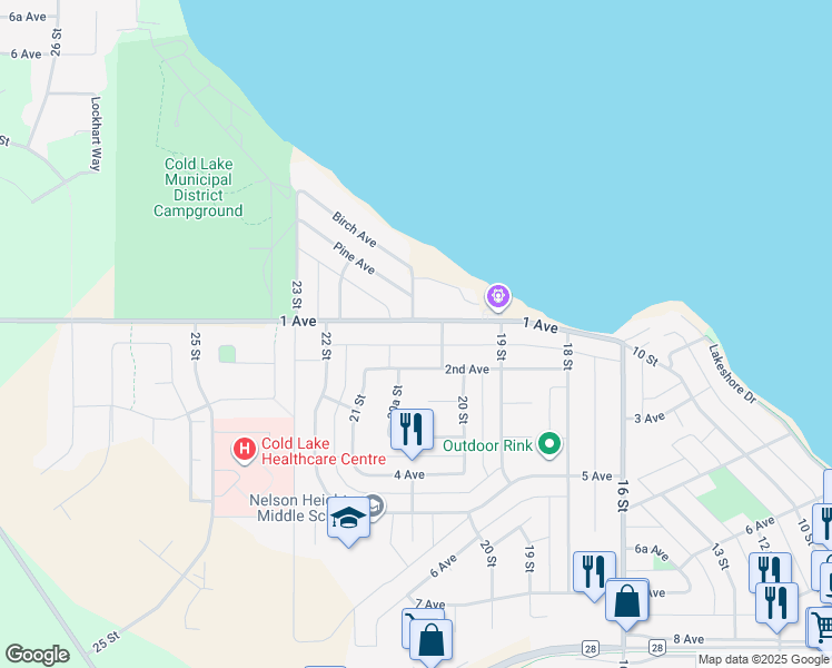 map of restaurants, bars, coffee shops, grocery stores, and more near 2005 1 Avenue in Cold Lake