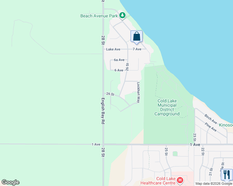 map of restaurants, bars, coffee shops, grocery stores, and more near 502 26 Street in Cold Lake