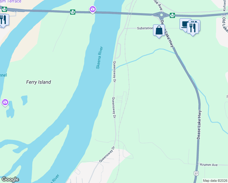 map of restaurants, bars, coffee shops, grocery stores, and more near Queensway Drive in Terrace