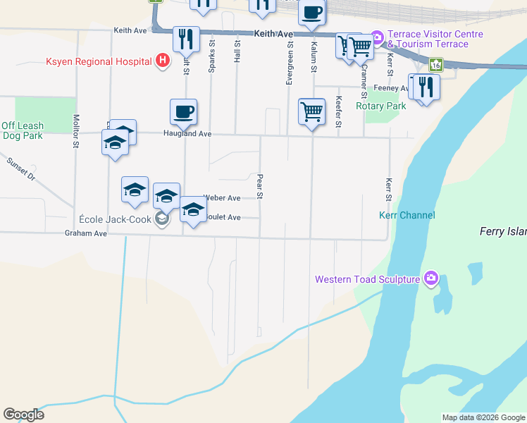 map of restaurants, bars, coffee shops, grocery stores, and more near 4625 Weber Avenue in Terrace