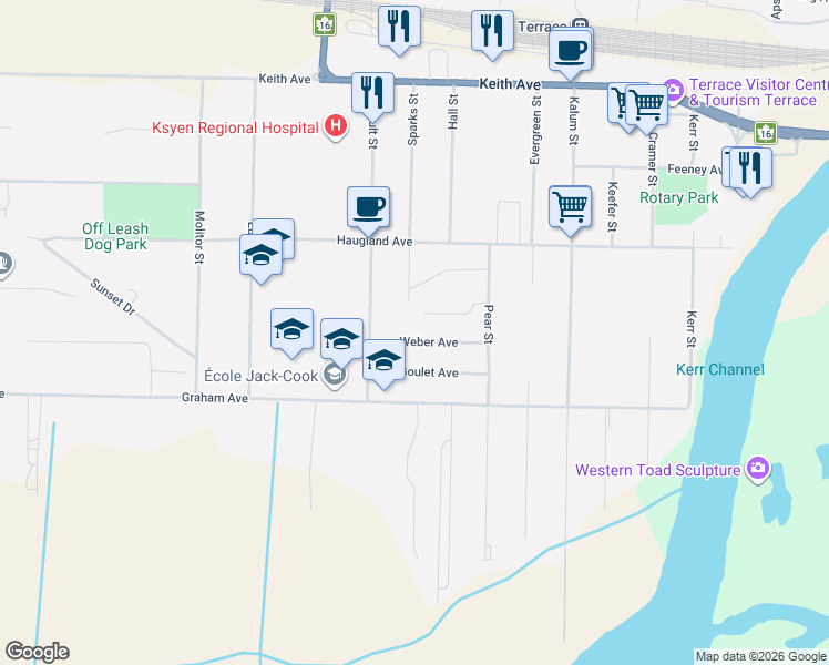 map of restaurants, bars, coffee shops, grocery stores, and more near in Terrace