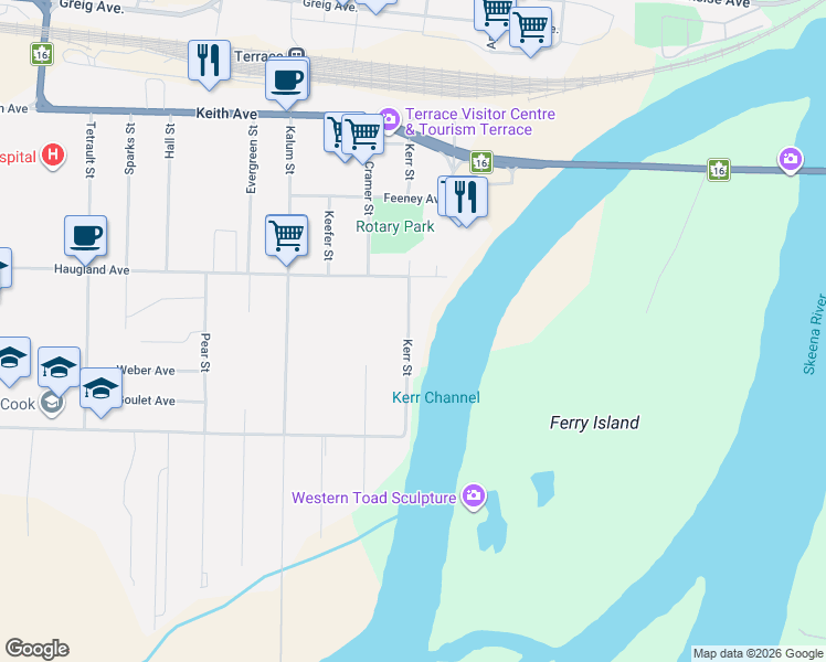 map of restaurants, bars, coffee shops, grocery stores, and more near 2510 Kerr Street in Terrace