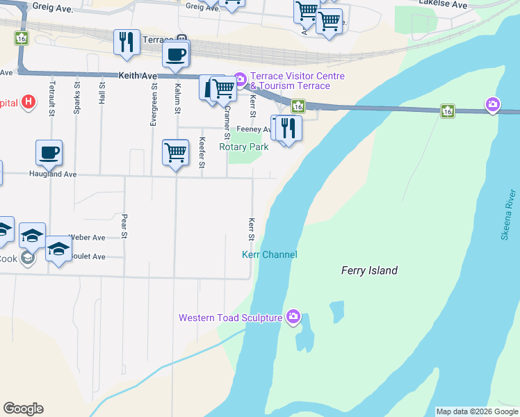 map of restaurants, bars, coffee shops, grocery stores, and more near 2611 Kerr Street in Terrace