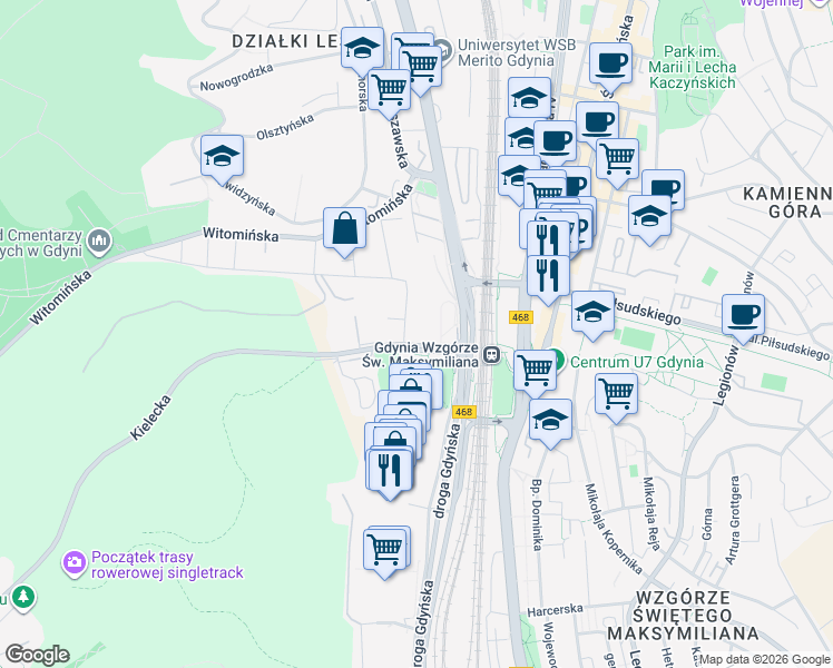 map of restaurants, bars, coffee shops, grocery stores, and more near 2 Kielecka in Gdynia