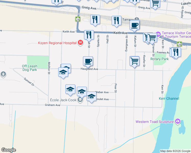 map of restaurants, bars, coffee shops, grocery stores, and more near 2601 Sparks Street in Terrace