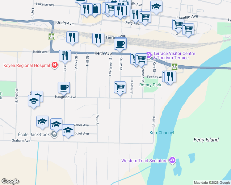 map of restaurants, bars, coffee shops, grocery stores, and more near 2705 Kalum Street in Terrace