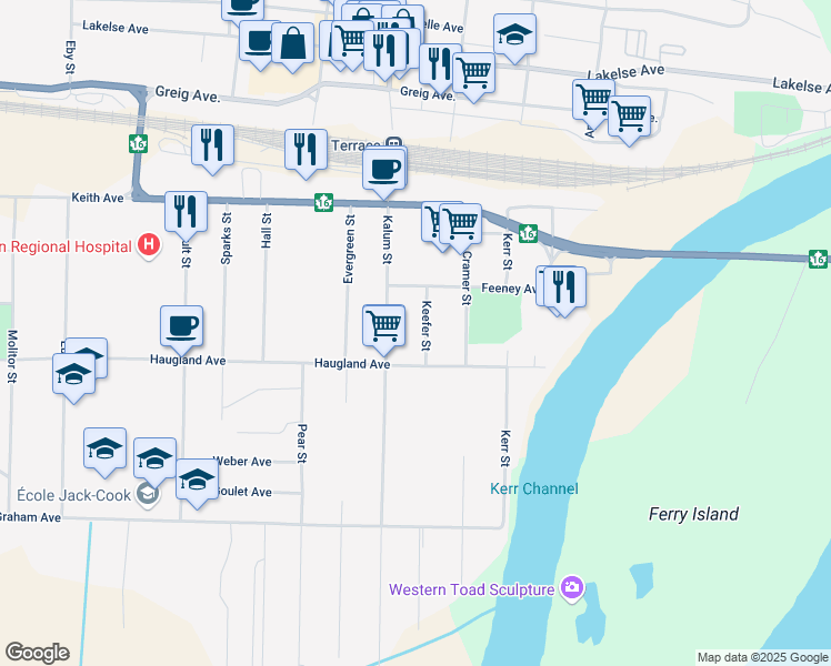 map of restaurants, bars, coffee shops, grocery stores, and more near 2710 Kalum Street in Terrace