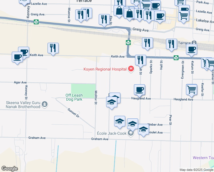 map of restaurants, bars, coffee shops, grocery stores, and more near 2714 Molitor Street in Terrace