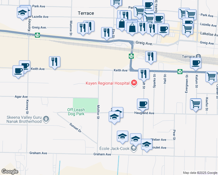 map of restaurants, bars, coffee shops, grocery stores, and more near 2812 Molitor Street in Terrace