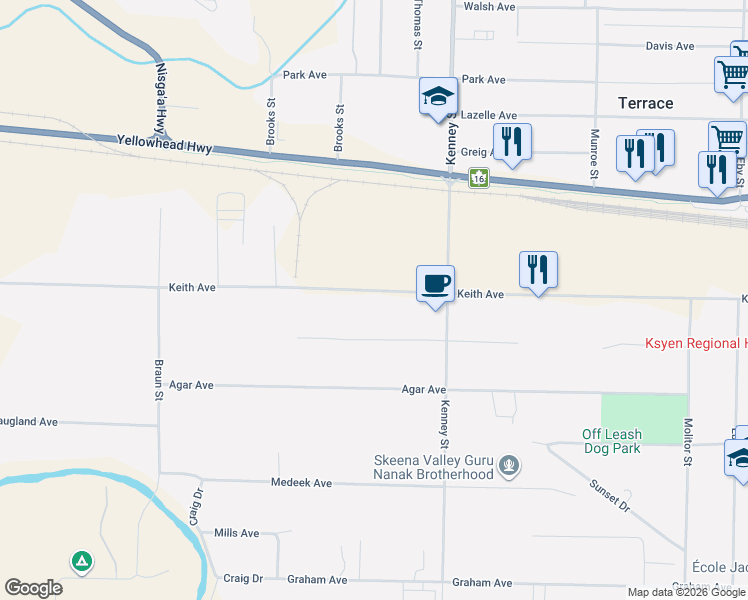 map of restaurants, bars, coffee shops, grocery stores, and more near 5021 Keith Avenue in Terrace