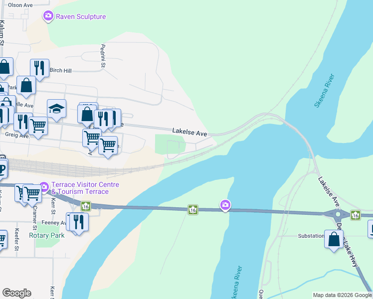 map of restaurants, bars, coffee shops, grocery stores, and more near 4305 Lakelse Avenue in Terrace