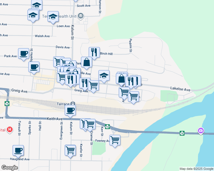 map of restaurants, bars, coffee shops, grocery stores, and more near 4507 Lakelse Avenue in Terrace