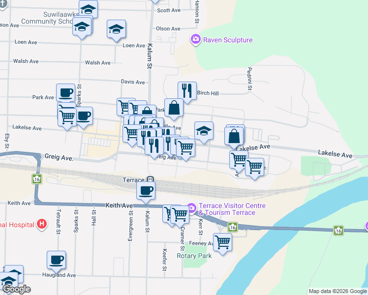 map of restaurants, bars, coffee shops, grocery stores, and more near 4525 Lakelse Avenue in Terrace