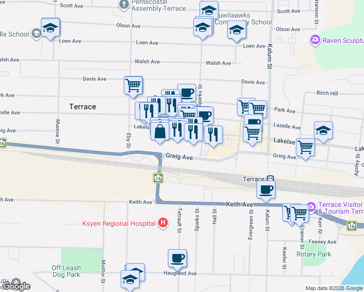map of restaurants, bars, coffee shops, grocery stores, and more near 4741 Lakelse Avenue in Terrace