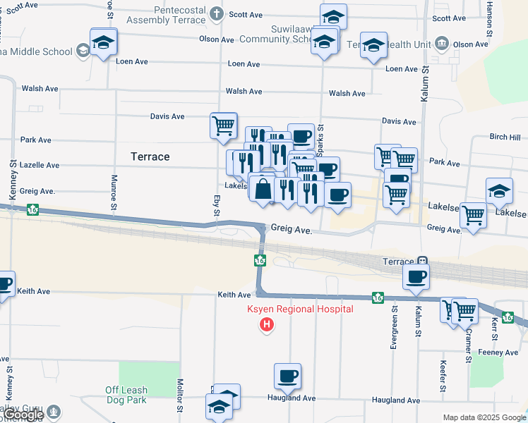 map of restaurants, bars, coffee shops, grocery stores, and more near 134-4741 Lakelse Avenue in Terrace