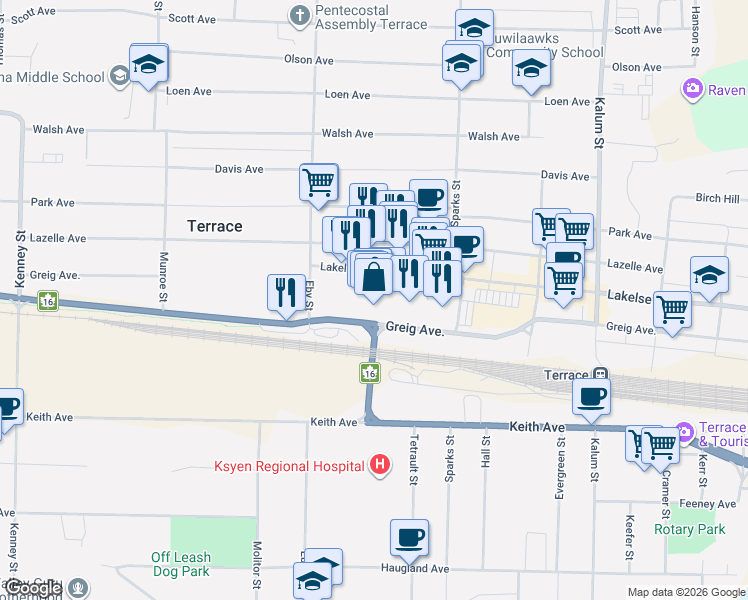 map of restaurants, bars, coffee shops, grocery stores, and more near 4741 Lakelse Avenue in Terrace
