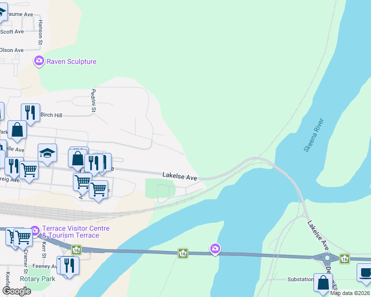 map of restaurants, bars, coffee shops, grocery stores, and more near 4310 Birch Avenue in Terrace