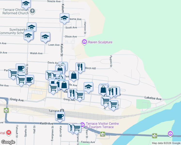 map of restaurants, bars, coffee shops, grocery stores, and more near 4506 Little Avenue in Terrace