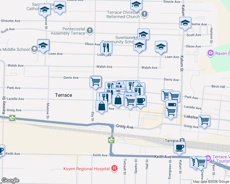 map of restaurants, bars, coffee shops, grocery stores, and more near 4727 Park Avenue in Terrace