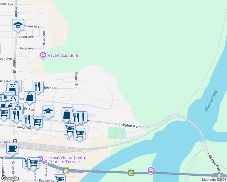 map of restaurants, bars, coffee shops, grocery stores, and more near 3308 Johnstone Street in Terrace