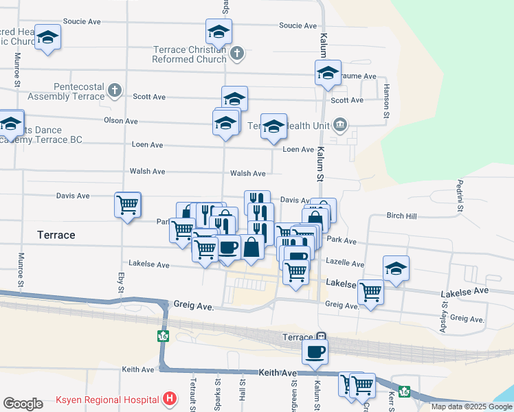 map of restaurants, bars, coffee shops, grocery stores, and more near 4635 Davis Avenue in Terrace