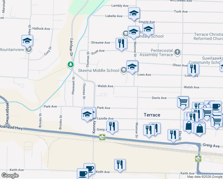 map of restaurants, bars, coffee shops, grocery stores, and more near 4931 Walsh Avenue in Terrace
