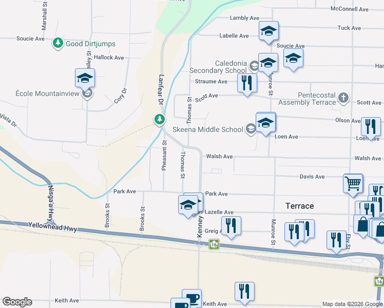 map of restaurants, bars, coffee shops, grocery stores, and more near 3725 Lanfear Drive in Terrace