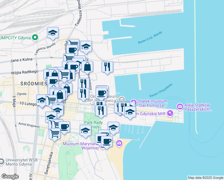 map of restaurants, bars, coffee shops, grocery stores, and more near 19 Jerzego Waszyngtona in Gdynia