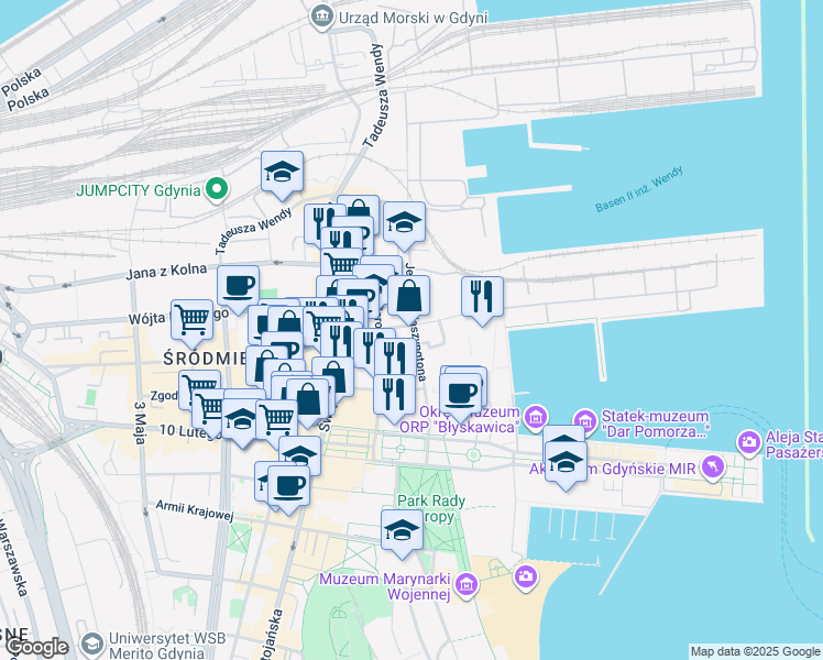 map of restaurants, bars, coffee shops, grocery stores, and more near 24 Jerzego Waszyngtona in Gdynia