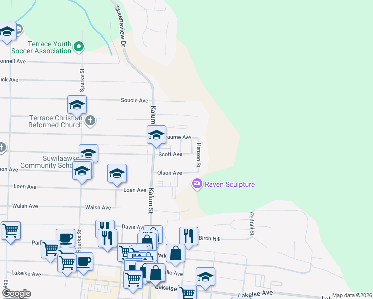 map of restaurants, bars, coffee shops, grocery stores, and more near 4514 Scott Avenue in Terrace