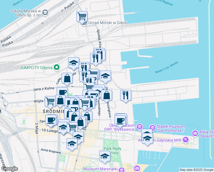 map of restaurants, bars, coffee shops, grocery stores, and more near 24 Jerzego Waszyngtona in Gdynia